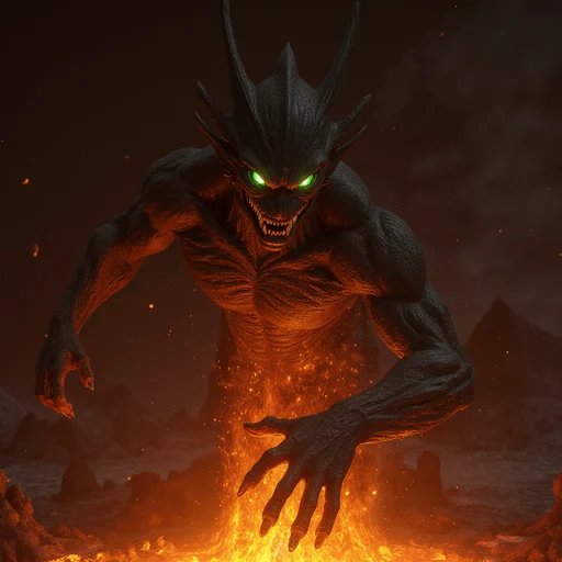 Black slime monster with green eyes emerging from volcano