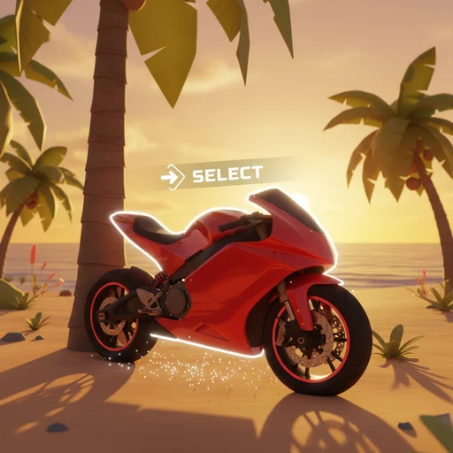 Red motorbike 3D render at sunset with palm tree