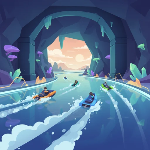 Mobile game level background: jetski racing through cave