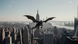 A dragon flying over New York City, sweeping drone shot tracking from behind, wings beating in slow powerful strokes, skyscrapers drifting past below, late-afternoon haze softening the skyline, wingbeats and wind synchronized with the motion.