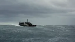 A massive ship sailing through rough open waters under heavy grey skies, waves crashing against the hull, handheld documentary framing, cold desaturated grade, sea spray and hull groans rising with each swell.