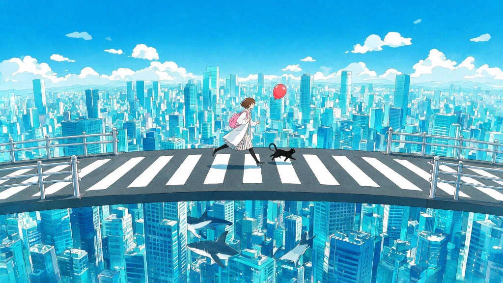 A young woman and a black cat run across a crosswalk suspended in the sky above a sprawling, stylized city. The woman has short brown hair and wears a long white coat over a pleated skirt and black tights, carrying a pink backpack and holding a bright red balloon. The city below is rendered in vibrant shades of cyan and blue, with numerous skyscrapers stretching towards a bright blue sky dotted with stylized white clouds. Below the suspended crosswalk, two large sharks swim through the cityscape, adding a surreal element to the composition. The artwork features crisp, clean lines, flat colors, and a distinct anime-inspired aesthetic, creating a dynamic and dreamlike atmosphere.