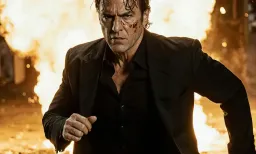 Action shot of a man in an action movie running from an explosion. He has wet hair and is wearing a black shirt.
