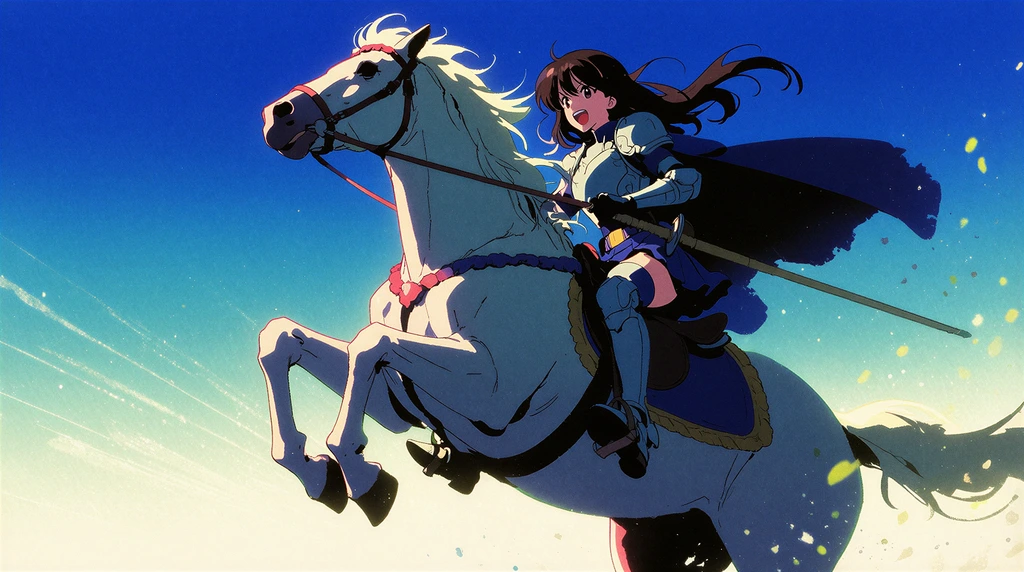 female anime ranger in armor on a white stallion rearing on its hind legs, energetic shot with wide angle perspective