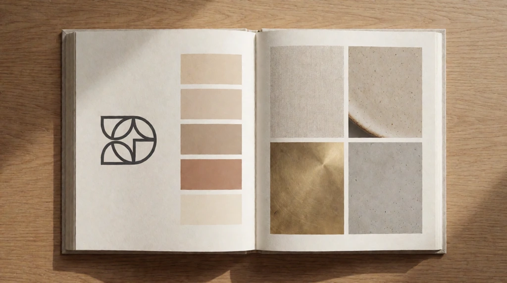Brand book spread with logo, palette, and materials made with Krea Agent