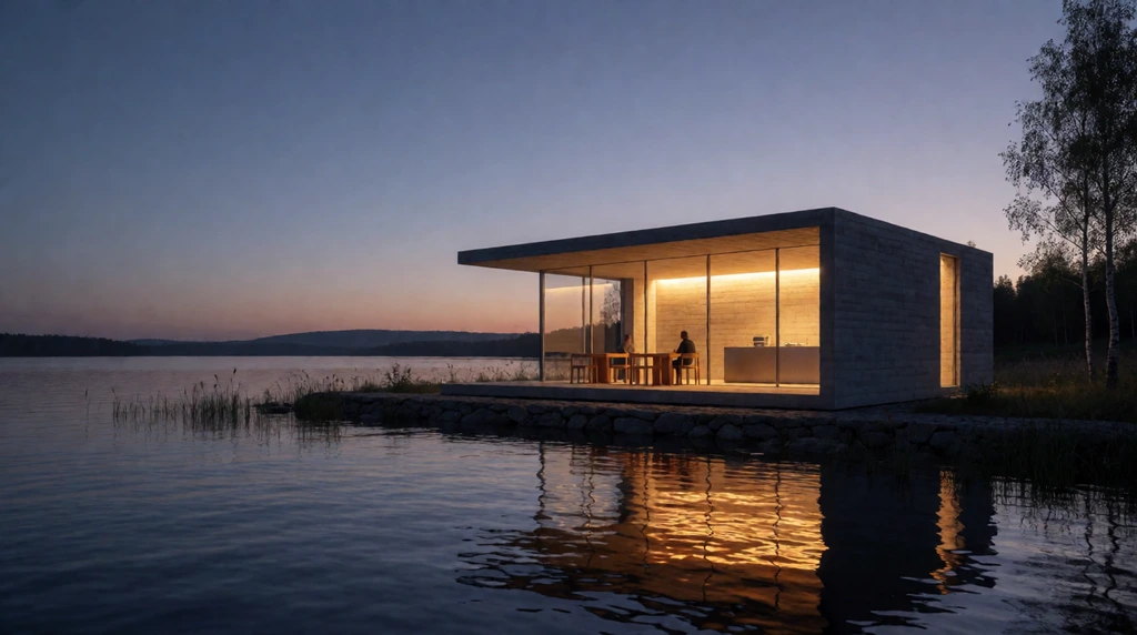 Architectural render of a lakeside cafe pavilion made with Krea Agent