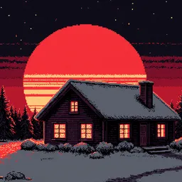 8 bit pixel art of the world's coziest house, cinematic lighting, red sunset, dark winter