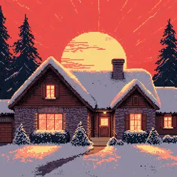 8 bit pixel art of the world's coziest house, warm cinematic lighting, red sunset, winter