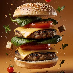 A hyper-realistic, mid-air exploded view of a towering veggie burger with multigrain bun, sharp cheddar, grilled mushroom patty, roasted red pepper, and crisp spinach leaves, all floating in a rich golden-orange background. Fresh herbs, breadcrumbs, and red cherry tomatoes hover in dynamic suspension around the ingredients, as if caught in a flavorful gust of wind. The lighting is warm and directional, highlighting moisture droplets, textures, and sheen across every layer. Photorealistic rendering with extreme depth of field, dramatic shadows, and vibrant organic color grading evoke the sense of a fresh, gourmet plant-based meal captured in an action freeze-frame.