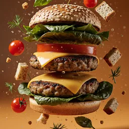 A hyper-realistic, mid-air exploded view of a towering veggie burger with multigrain bun, sharp cheddar, grilled mushroom patty, roasted red pepper, and crisp spinach leaves, all floating in a rich golden-orange background. Fresh herbs, breadcrumbs, and red cherry tomatoes hover in dynamic suspension around the ingredients, as if caught in a flavorful gust of wind. The lighting is warm and directional, highlighting moisture droplets, textures, and sheen across every layer. Photorealistic rendering with extreme depth of field, dramatic shadows, and vibrant organic color grading evoke the sense of a fresh, gourmet plant-based meal captured in an action freeze-frame.