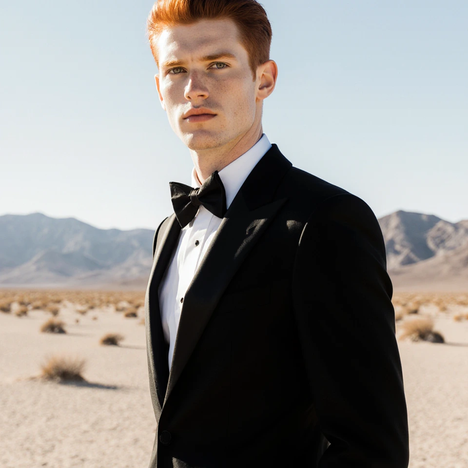A male model with red hair a black tuxedo in the Mojave desert, low angle shot