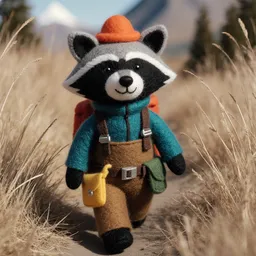 A miniature raccoon explorer made of wool wearing all kinds of equipment, walking through dry grass, the whole world is made of felt textile