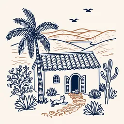 A minimal line drawing of a cozy hillside cottage with a scalloped shingle roof, nestled among leafy trees and desert plants, shaded by a leaning olive tree instead of a palm. The house has a small arched window with open shutters, a stone staircase leading to the door, and a cat lounging on the front steps. In the background, soft rolling hills stretch toward a distant lake, with two birds in flight overhead. The drawing uses simple navy blue and muted terracotta lines on an off-white background, in a loose sketch style reminiscent of travel journal illustrations.