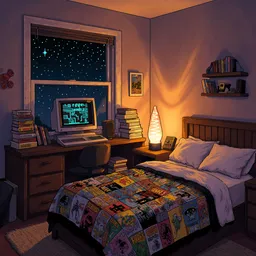 A pixel art bedroom with a cluttered desk holding a vintage computer, stacks of comic books, and a glowing lava lamp. The bed is covered in a retro gaming-themed blanket, and a small CRT TV displays a pixelated game. Warm, soft lighting creates a cozy atmosphere, with a window showing a starry night outside
