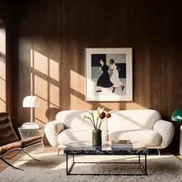 A warm, elegant living room drenched in late afternoon sunlight features a carefully curated mix of mid-century modern and contemporary furniture, exuding a calm, sophisticated atmosphere defined by its material richness and architectural restraint. Interior architectural photography, minimalist modernist interior, mid-century inspired, soft brutalism meets warm wood modernism.
