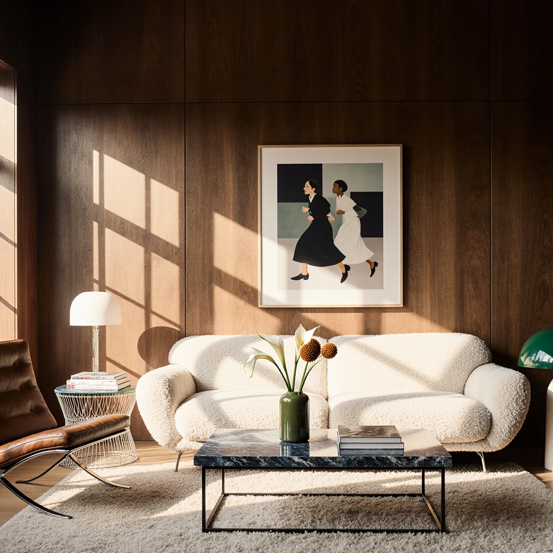A warm, elegant living room drenched in late afternoon sunlight features a carefully curated mix of mid-century modern and contemporary furniture, exuding a calm, sophisticated atmosphere defined by its material richness and architectural restraint. Interior architectural photography, minimalist modernist interior, mid-century inspired, soft brutalism meets warm wood modernism.