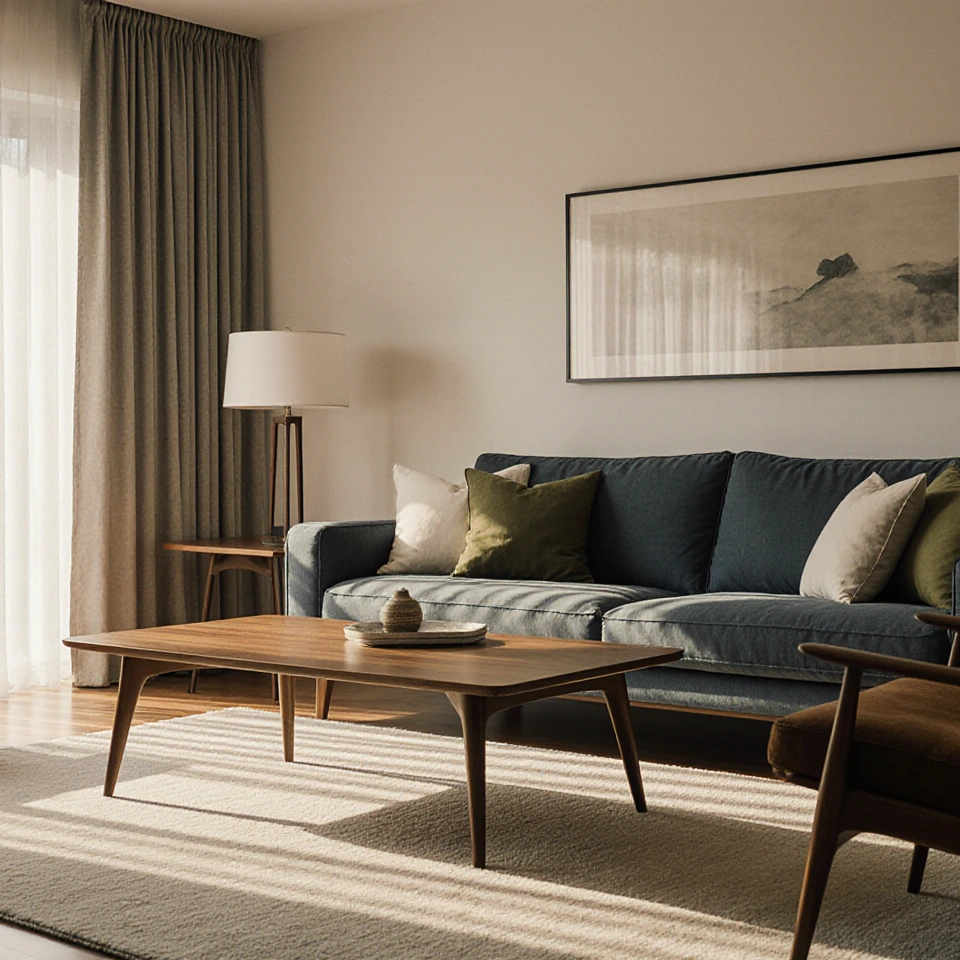 A warm, elegant living room drenched in late afternoon sunlight features a carefully curated mix of mid-century modern and contemporary furniture, exuding a calm, sophisticated atmosphere defined by its material richness and architectural restraint. Interior architectural photography, minimalist modernist interior, mid-century inspired, soft brutalism meets warm wood modernism.