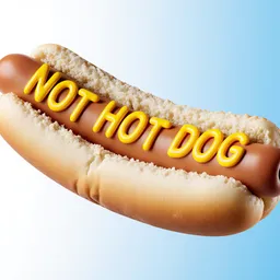 Bright 3D render of a Hot Dog with the phrase 'Not Hot Dog' spelled in mustard, floating in front of a white blue gradient background