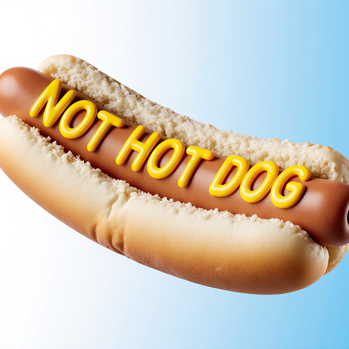 Bright 3D render of a Hot Dog with the phrase 'Not Hot Dog' spelled in mustard, floating in front of a white blue gradient background