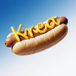 Bright 3D render of an ultra detailed Hot Dog with the word 'Krea' spelled with mustard floating in front of a white blue gradient background
