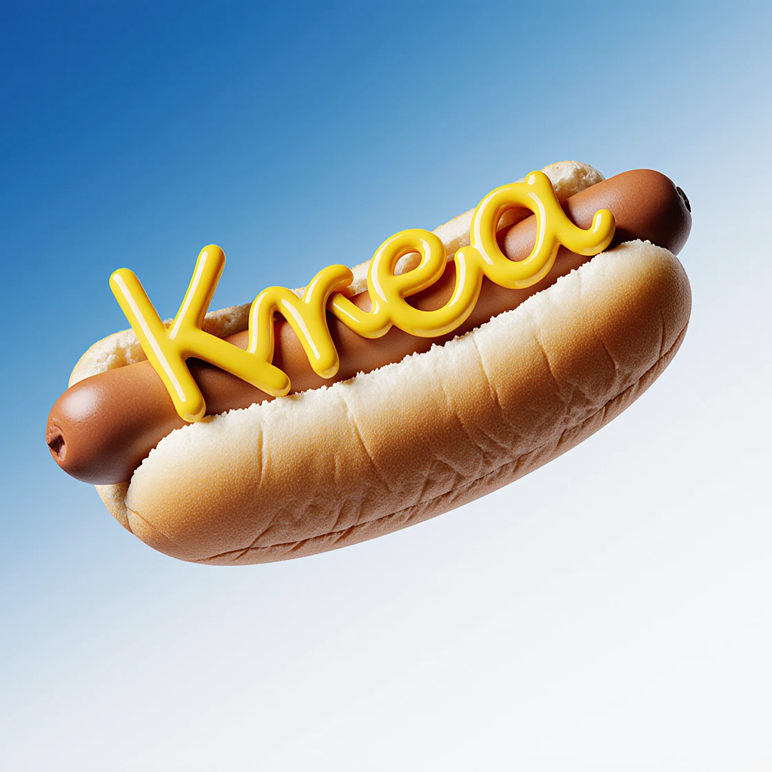 Bright 3D render of an ultra detailed Hot Dog with the word 'Krea' spelled with mustard floating in front of a white blue gradient background
