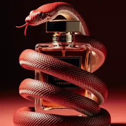 Cinematic photo of a red snake curled around a perfume bottle, the photo is entirely composed of snake and snake skin, ultra luxurious product photography, sharp cinematic studio lighting, dark and moody
