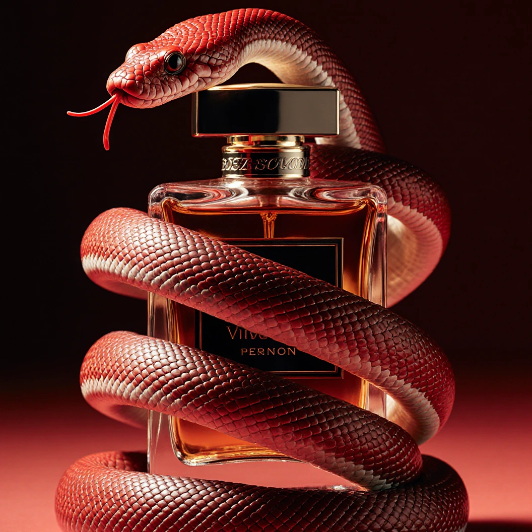 Cinematic photo of a red snake curled around a perfume bottle, the photo is entirely composed of snake and snake skin, ultra luxurious product photography, sharp cinematic studio lighting, dark and moody