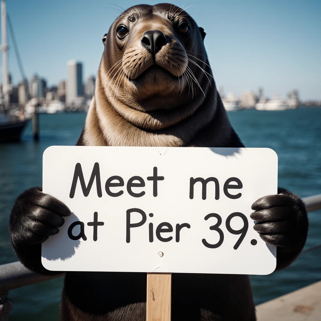 Cinematic saturated portrait photo of a Sea Lion dressed as a person holding a sign. The sign reads: 'Meet me at Pier 39'