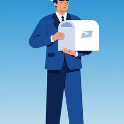 Corporate memphis style minimalist illustration of a mailman on blue background