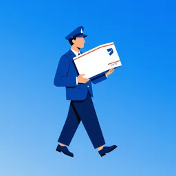 Corporate memphis style minimalist illustration of a mailman on blue background, slight gradients