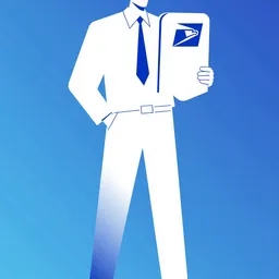 Corporate memphis style minimalist illustration of a mailman on blue background, slight gradients