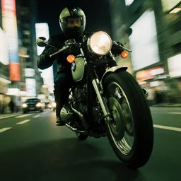 Extreme close up of a vintage BMW racing through Tokyo at night, tilted camera, green color grading, bokeh