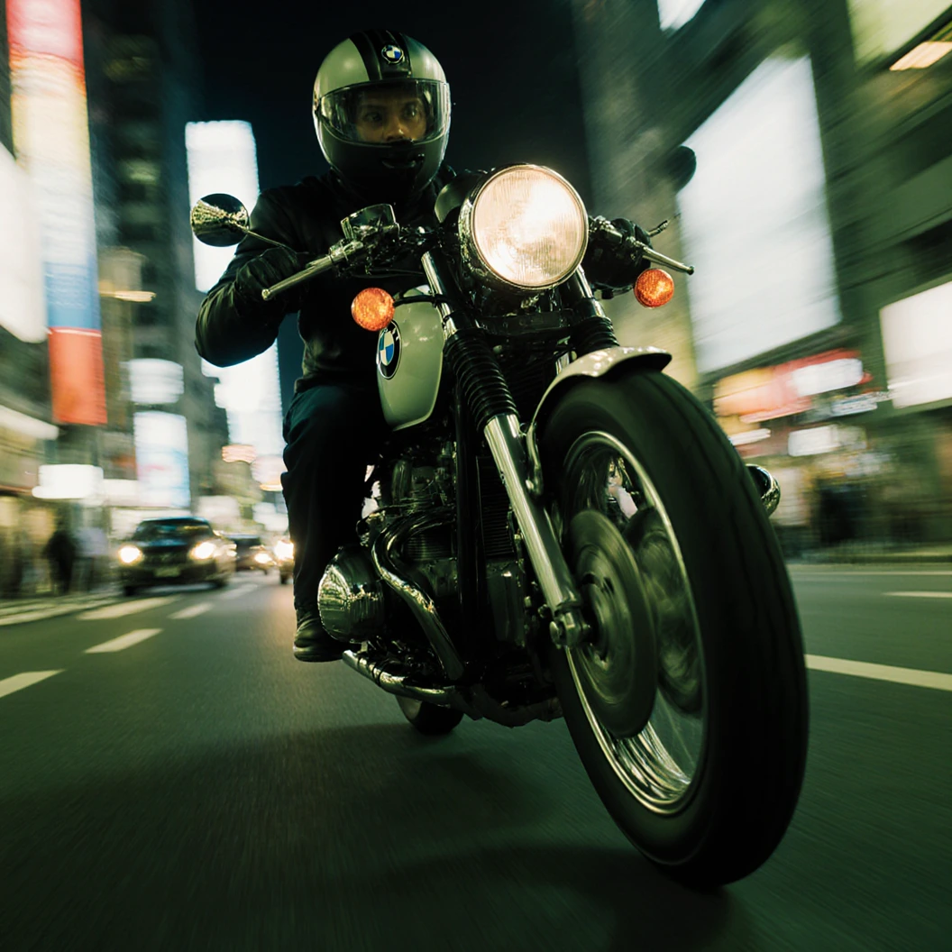 Extreme close up of a vintage BMW racing through Tokyo at night, tilted camera, green color grading, bokeh