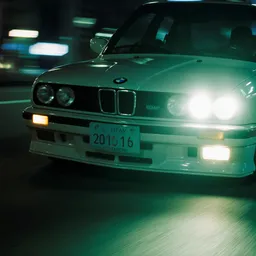 Extreme close up of a vintage BMW racing through Tokyo at night, tilted camera, green color grading, bokeh