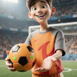 Full body shot of a sporty cartoon teenager, animation film-style 3D, bold streetwear in tangerine and scarlet over slate and ivory, bare hand palming vivid soccer ball, cheeky grin, lively eyes, soccer field, cinematic light, low angle shot