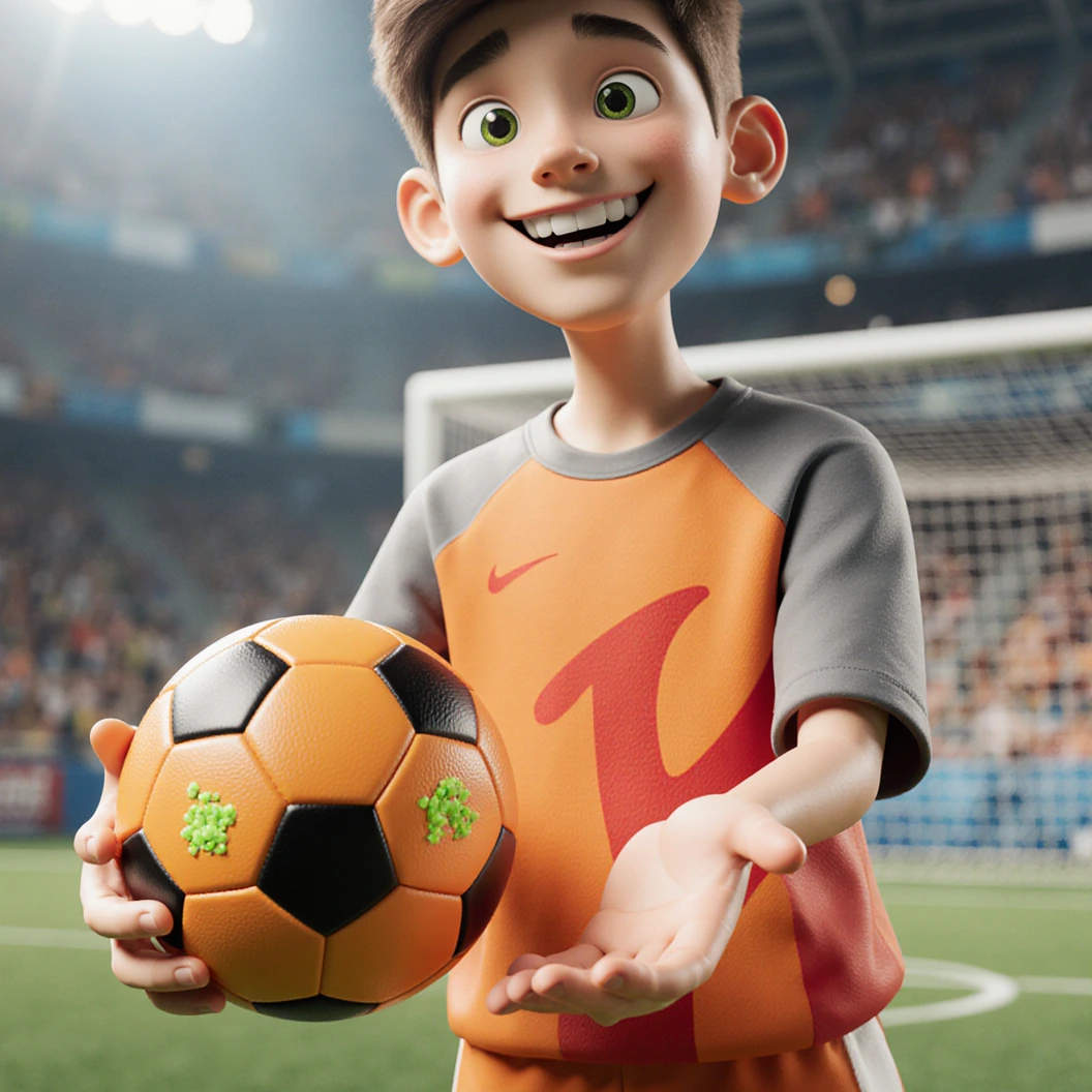 Full body shot of a sporty cartoon teenager, animation film-style 3D, bold streetwear in tangerine and scarlet over slate and ivory, bare hand palming vivid soccer ball, cheeky grin, lively eyes, soccer field, cinematic light, low angle shot