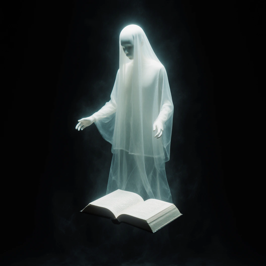 Lucid dreamlike image of a glowing entity levitating a book, mystical, dark moody photo