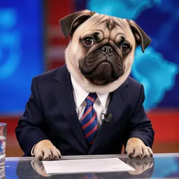 Photo of a small dog wearing a suit as a news presenter
