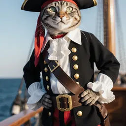 Realistic photo of a cat as a pirate, everyday photo on a ship