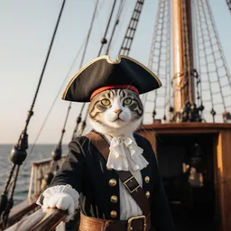 Realistic photo of a cat as a pirate, everyday photo on a ship
