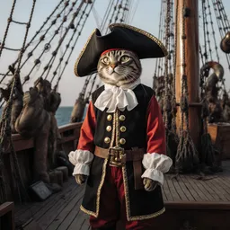 Realistic photo of a cat as a pirate, everyday photo on a ship, complex chaotic scene with many details