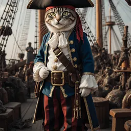 Realistic photo of a cat as a pirate, everyday photo on a ship, complex chaotic scene with many details