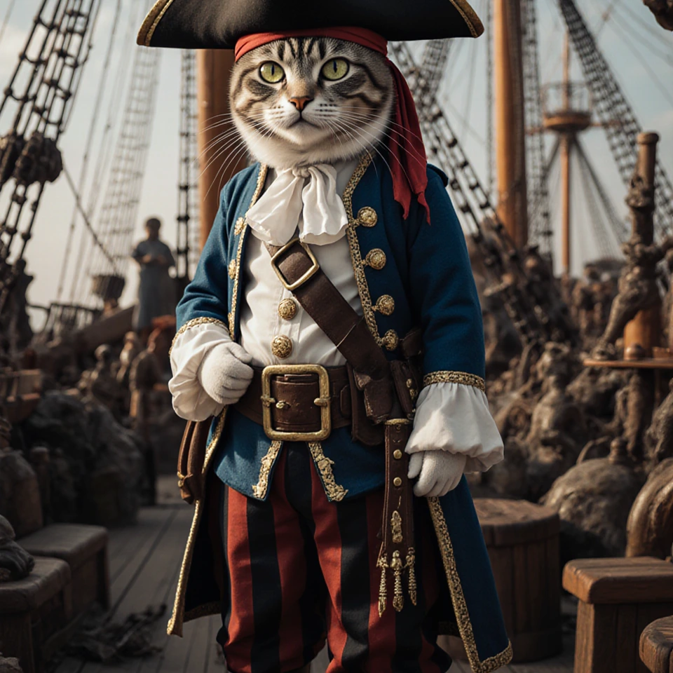 Realistic photo of a cat as a pirate, everyday photo on a ship, complex chaotic scene with many details