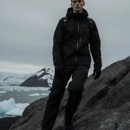 Technical outdoor style fashion shoot on icelandic rock, minimalist techwear, low angle, cinematic low contrast shoot