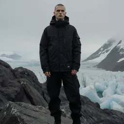 Technical outdoor style fashion shoot on icelandic rock, minimalist techwear, low angle, cinematic low contrast shoot