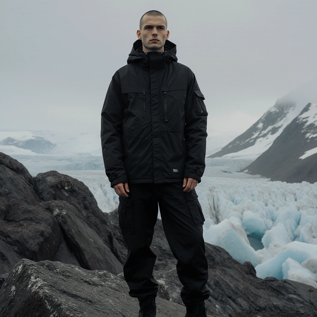 Technical outdoor style fashion shoot on icelandic rock, minimalist techwear, low angle, cinematic low contrast shoot