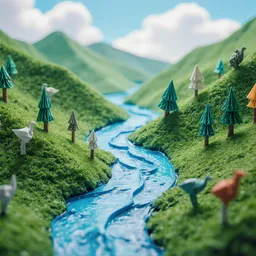Tiny paper origami kingdom, a river flowing through a lush valley, bright saturated image, a fox to the left, deer to the right, birds in the sky, bushes and tress all around, complex scene, tilt shift, shallow depth of field