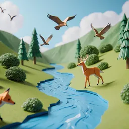 Tiny paper origami kingdom, a river flowing through a lush valley, bright saturated image, a fox to the left, deer to the right, birds in the sky, bushes and tress all around, complex scene, tilt shift, shallow depth of field