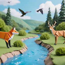Tiny paper origami kingdom, a river flowing through a lush valley, bright saturated image, a fox to the left, deer to the right, birds in the sky, bushes and tress all around, complex scene, tilt shift, shallow depth of field
