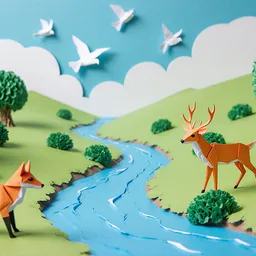 Tiny paper origami kingdom, a river flowing through a lush valley, bright saturated image, a fox to the left, deer to the right, birds in the sky, bushes and tress all around, complex scene, tilt shift, shallow depth of field